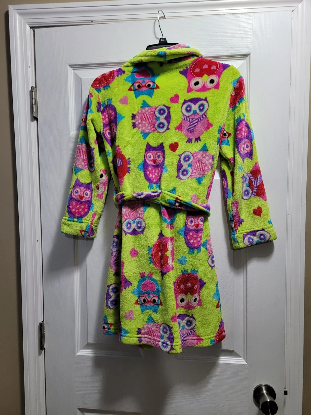 J. Khaki Lime Green Owl Plush Kids Robe with Multicolor Owls